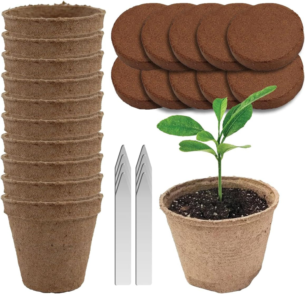 Seedling Starter Kit Germination Grow Cups and Soil (10 Pack) Biodegradable Peat Pots, Coco Coir Soil Discs, Plant