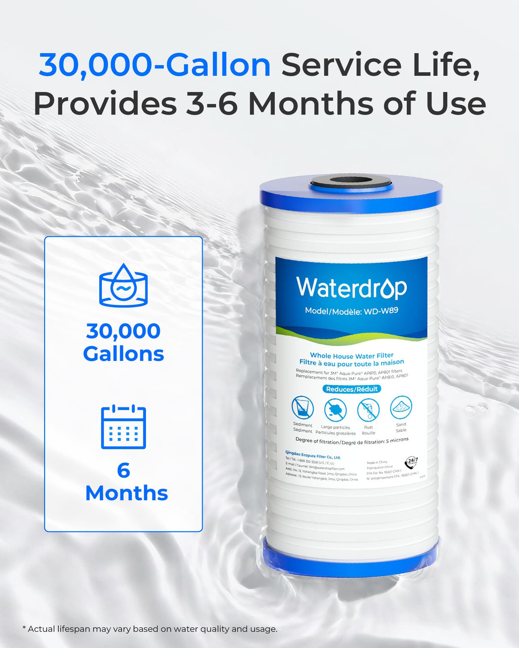 Waterdrop AP810 Whole House Carbon Filter for 3M Aqua-Pure AP810, 5 Micron