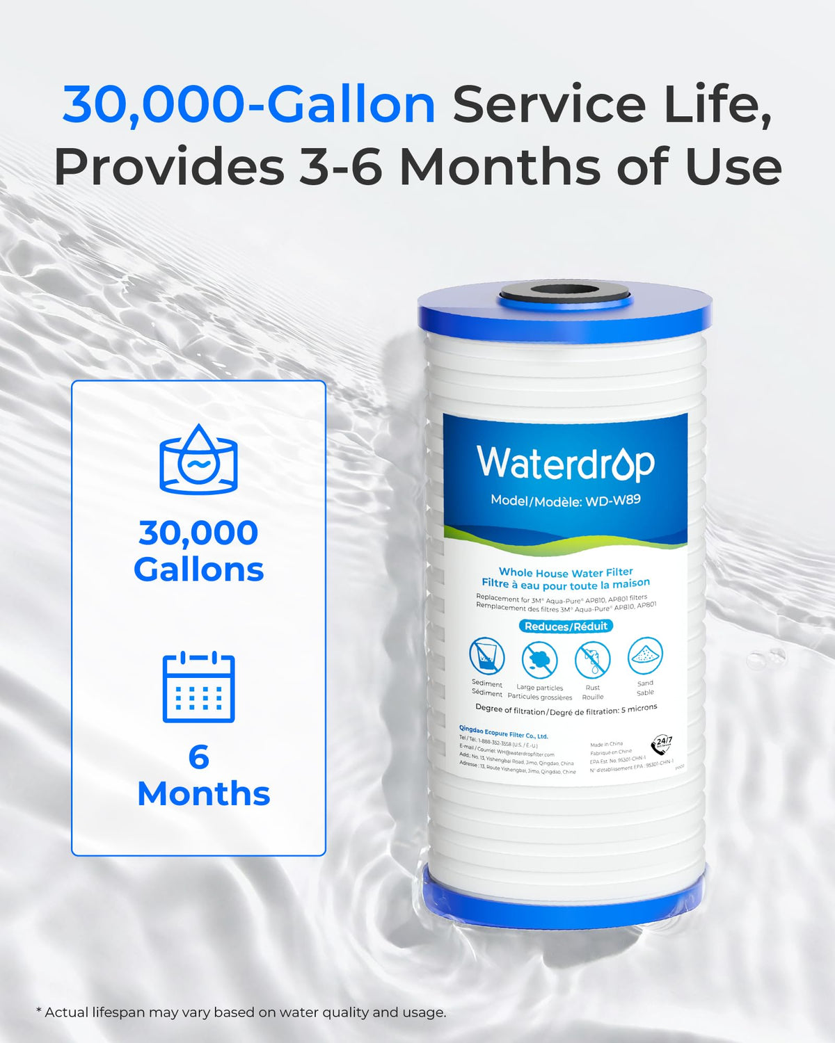 Waterdrop AP810 Whole House Carbon Filter for 3M Aqua-Pure AP810, 5 Micron