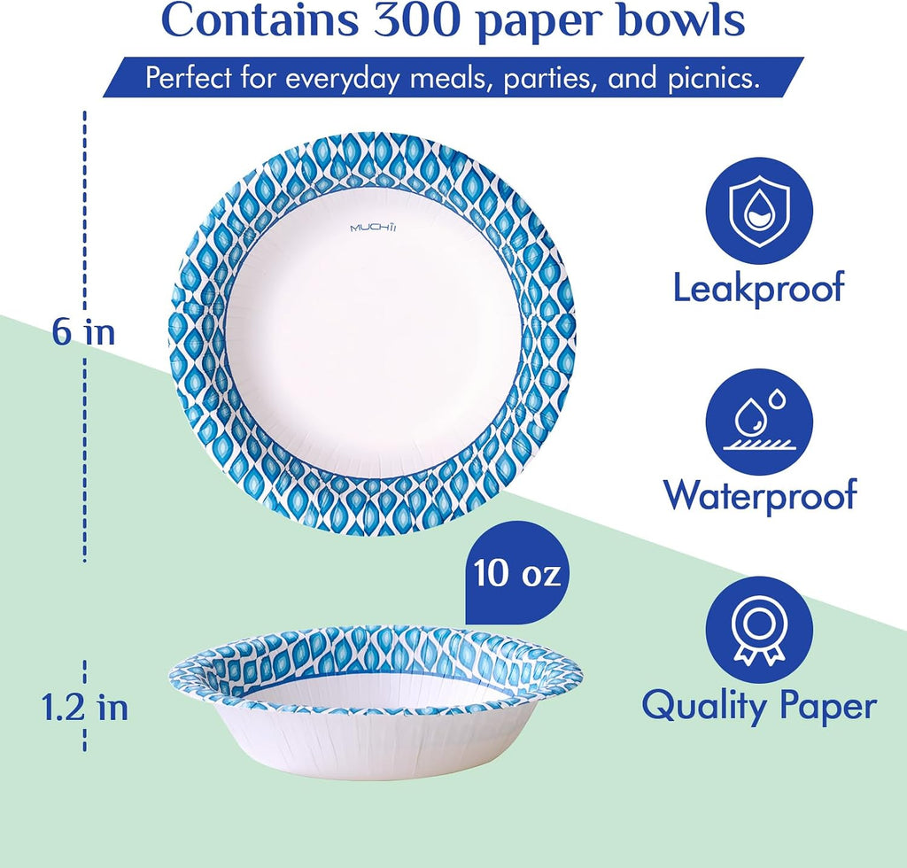10 oz Paper Bowls, 300 Count Printed Disposable Small Bowls Bulk