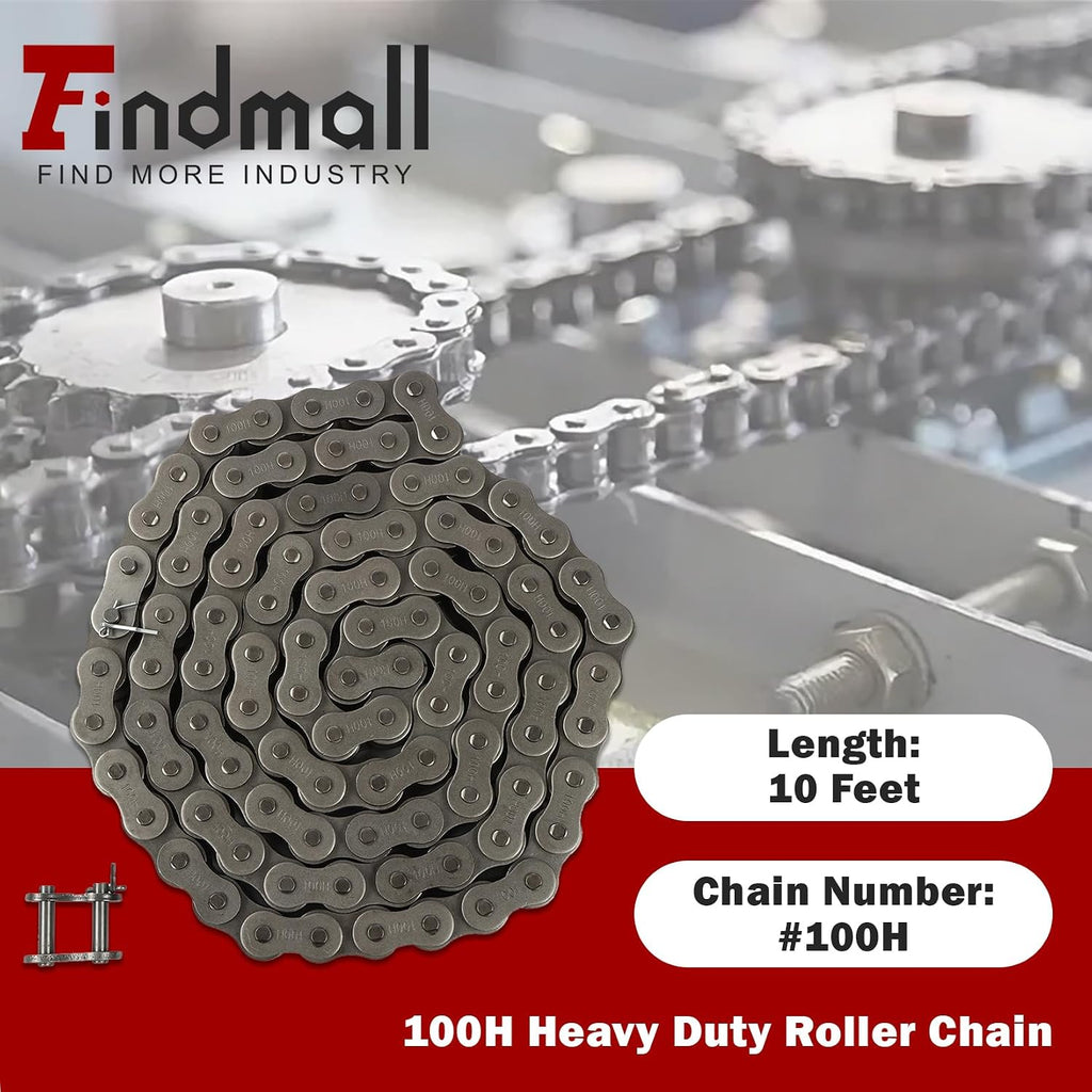 findmall 100H Heavy Duty Roller Chain 10 Ft with 2 Connecting Links