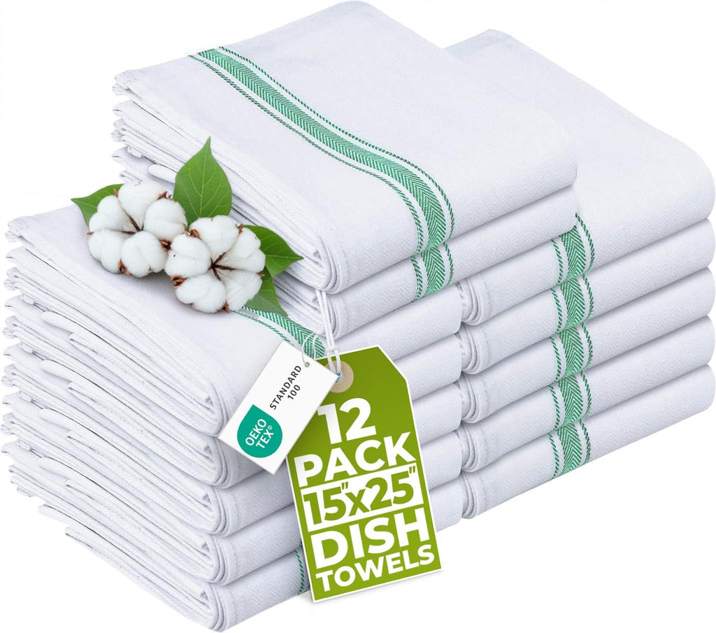 Green Dish Towels [12 Pack - 15 x 25 Inches] 100% Ring Spun Cotton Highly Absorbent & Reusable Cleaning Bar, Tea