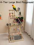 4-Tier Large Wooden Bird Playground with Trays Cups Ladder - Parrot Playstand, Birds Play Stand, Wood Perch Gym for