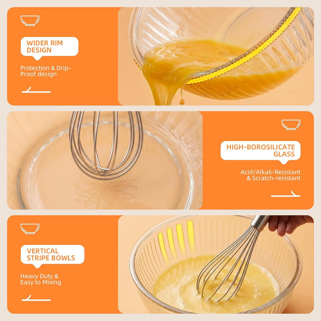 Glass Mixing Bowls with Lids Set - 5 Packs, Borosilicate Nesting Glass Bowls (3.7-2.1-1-0.5-0.2QT) for Baking, Salad