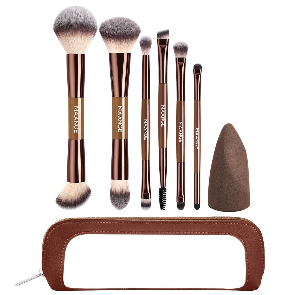 6Pcs Double Ended Makeup Brush Set with Makeup Sponge & Travel Bag