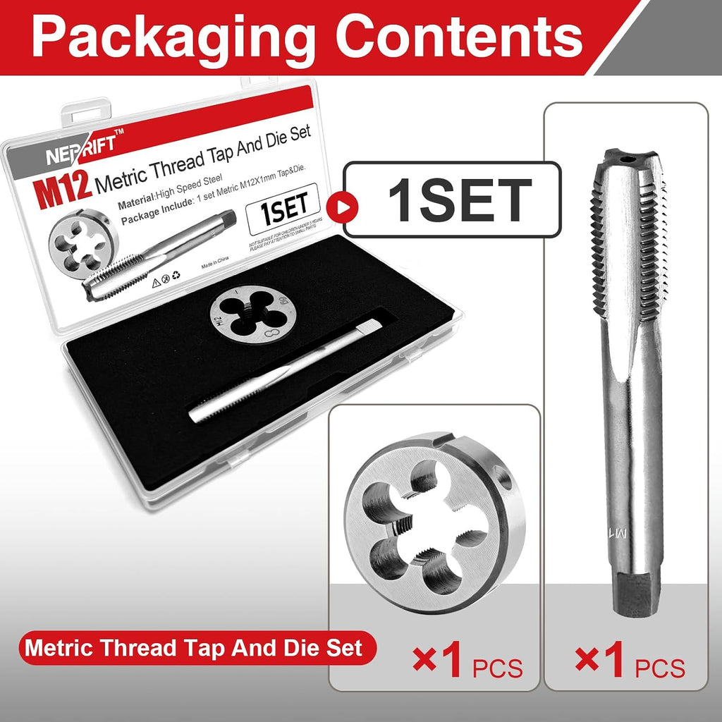M12 x 1.0 Tap and Die Set, HSS M2, M12 Right Hand Thread Tap Die Set