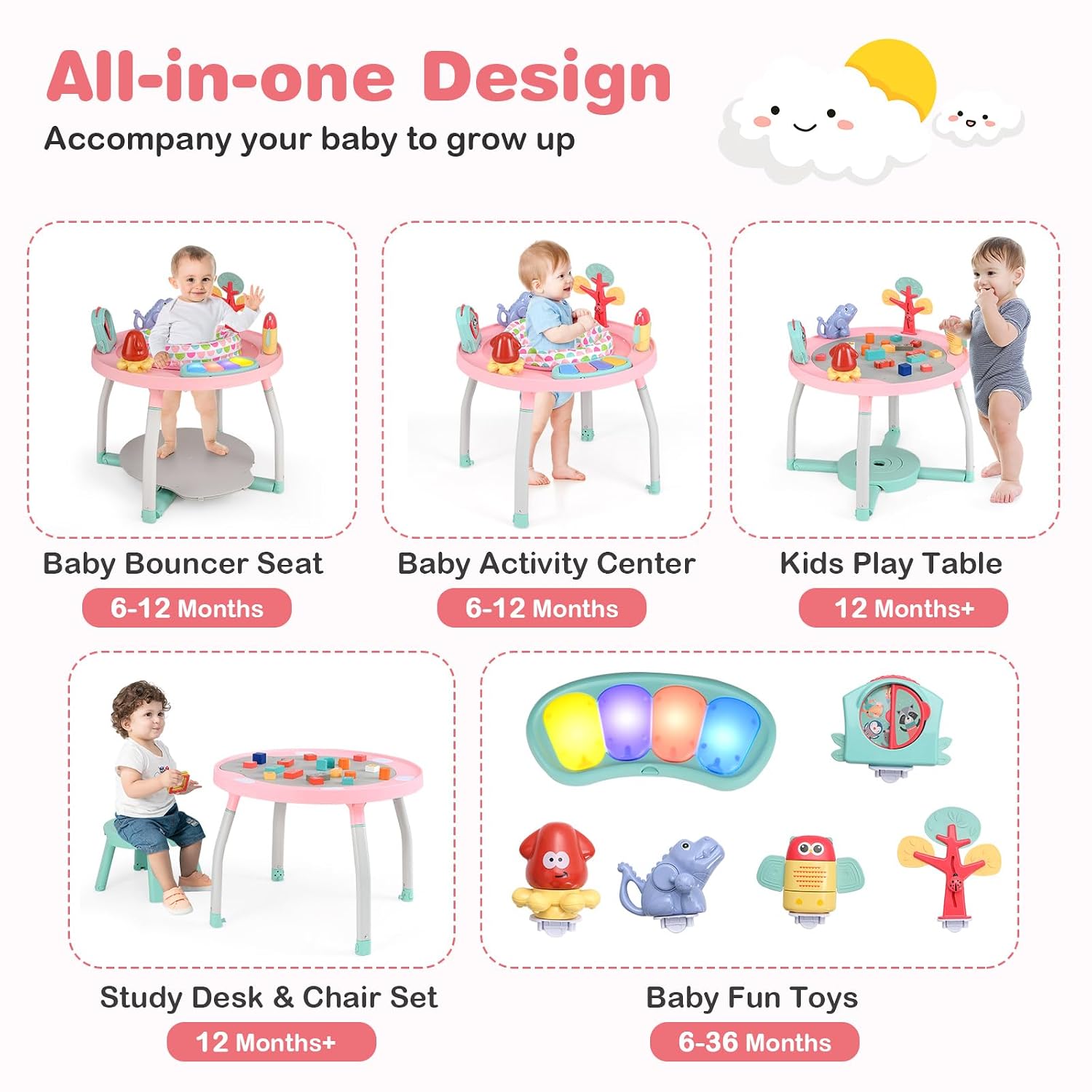 5 in 1 Baby Activity Center, Baby Jumpers and Bouncers with Removable Toys, Lights & Music, 3 Adjustable Heights