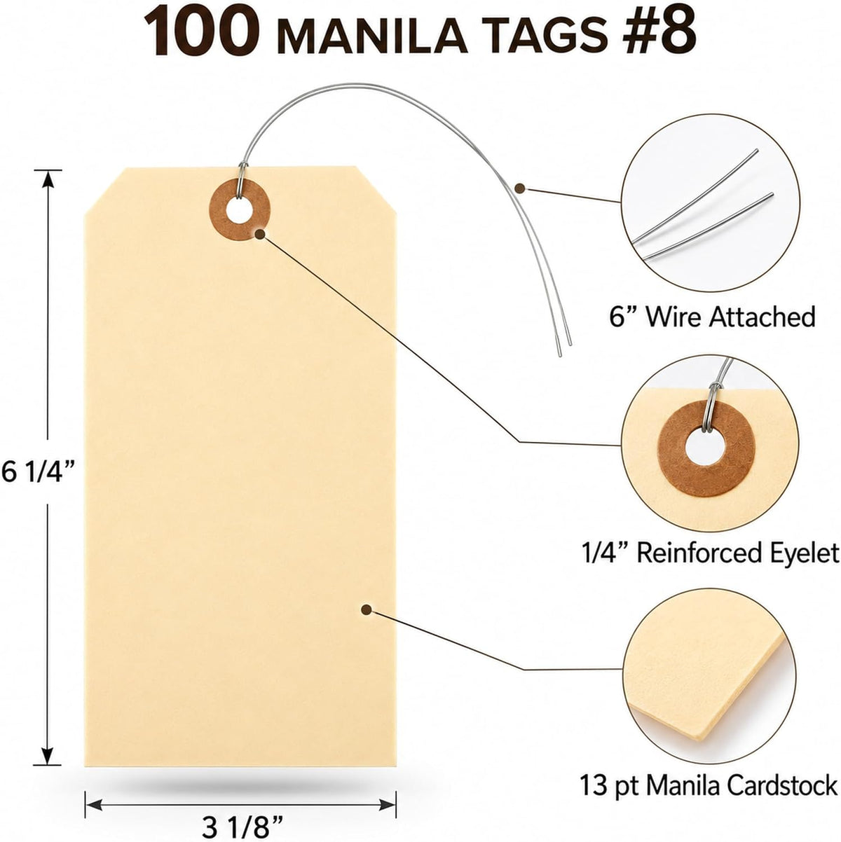 Large Manila Shipping Tags with Wire, 100 Count, #8, 6 1/4" x 3 1/8"