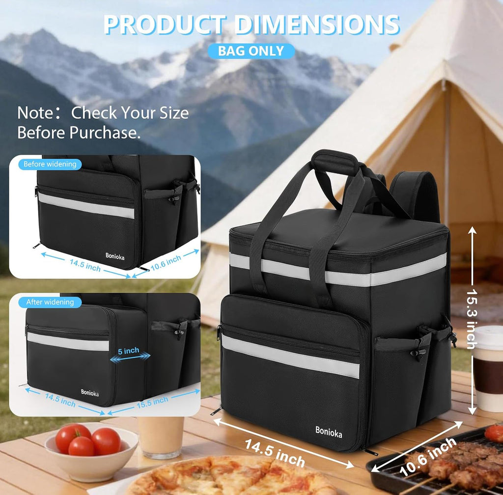 Food Delivery Backpack, Expandable Insulated Pizza Bag with 4 Cup Holders