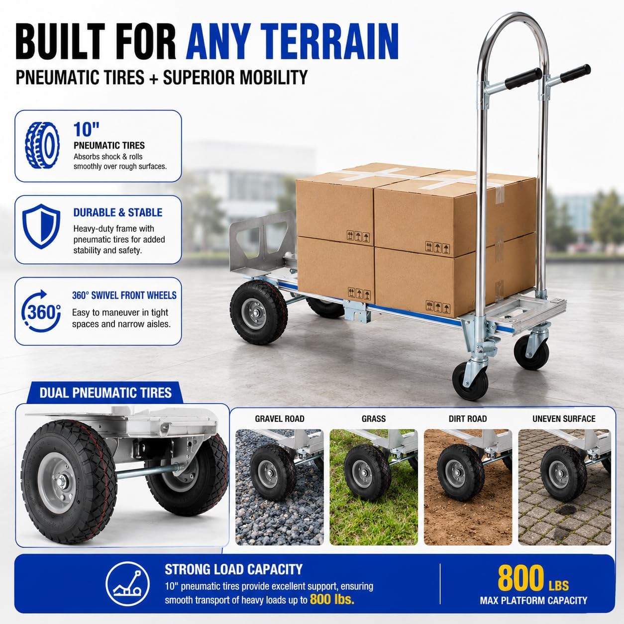 2-in-1 Convertible Hand Truck Dolly, 800 LB Capacity Heavy Duty Utility Cart with Pneumatic Tires, Aluminum & Steel
