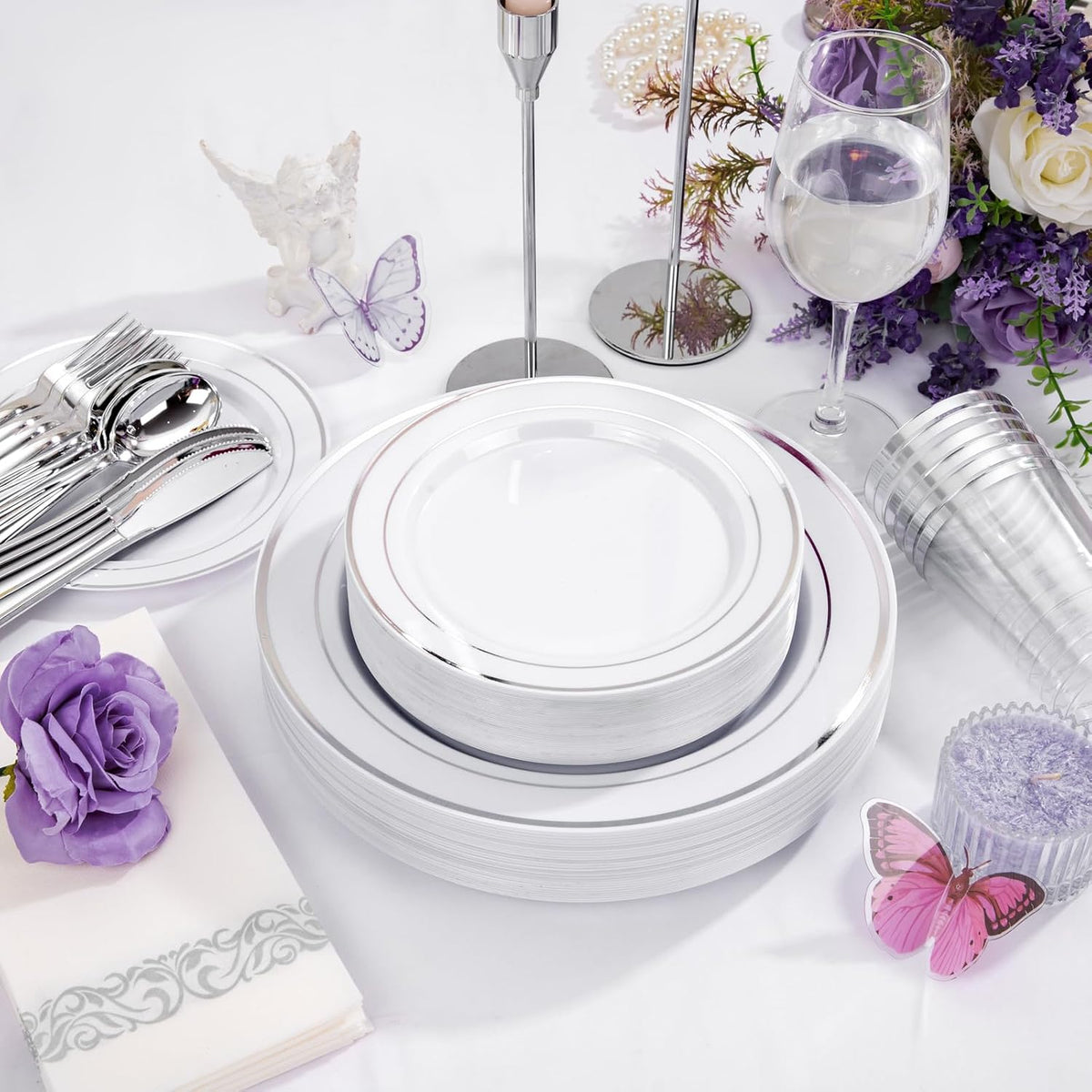 200Pcs White and Silver Plastic Dinnerware Set for 25 Guests Party