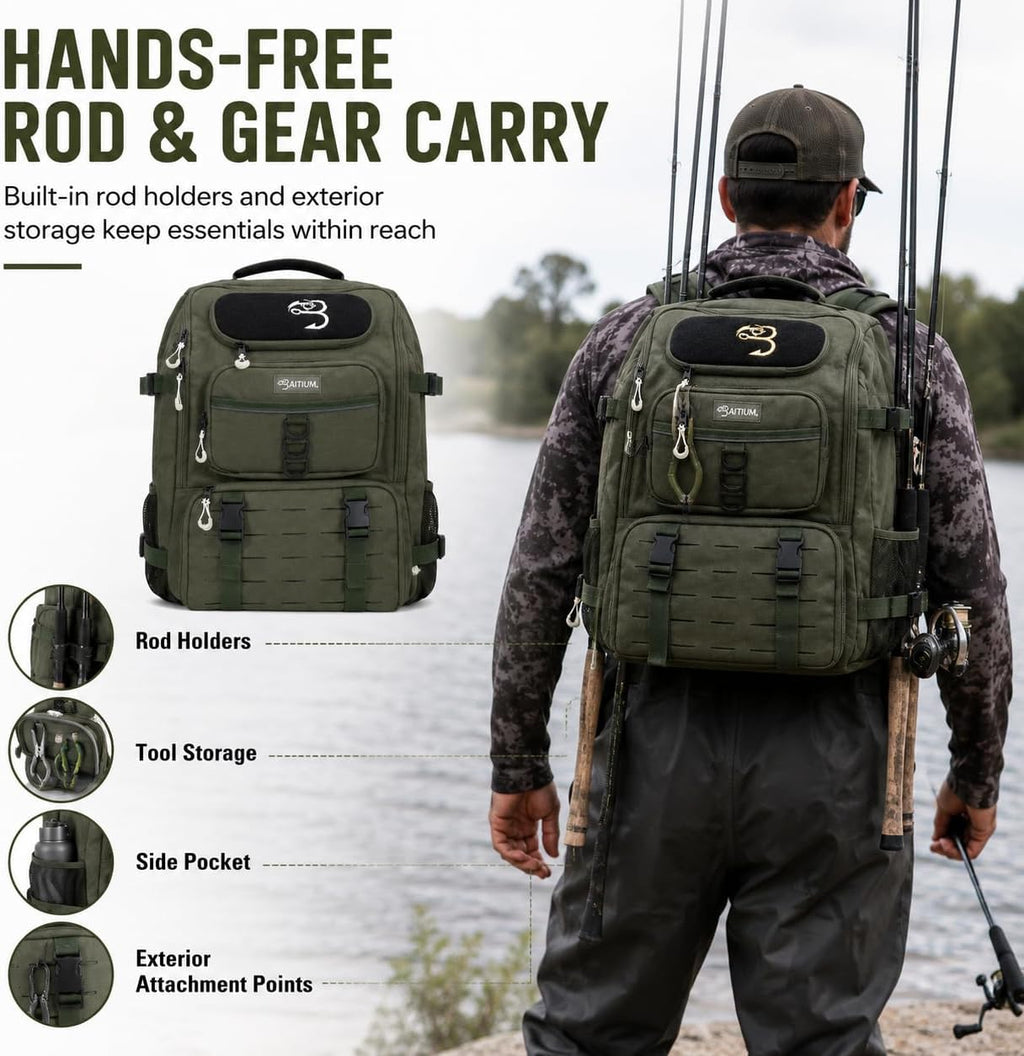 Fishing Backpack, Tackle Bag With Rod Holders, 40L Capacity With Cooler, Rain Cover, Insulated Pocket, 4 Tackle Trays