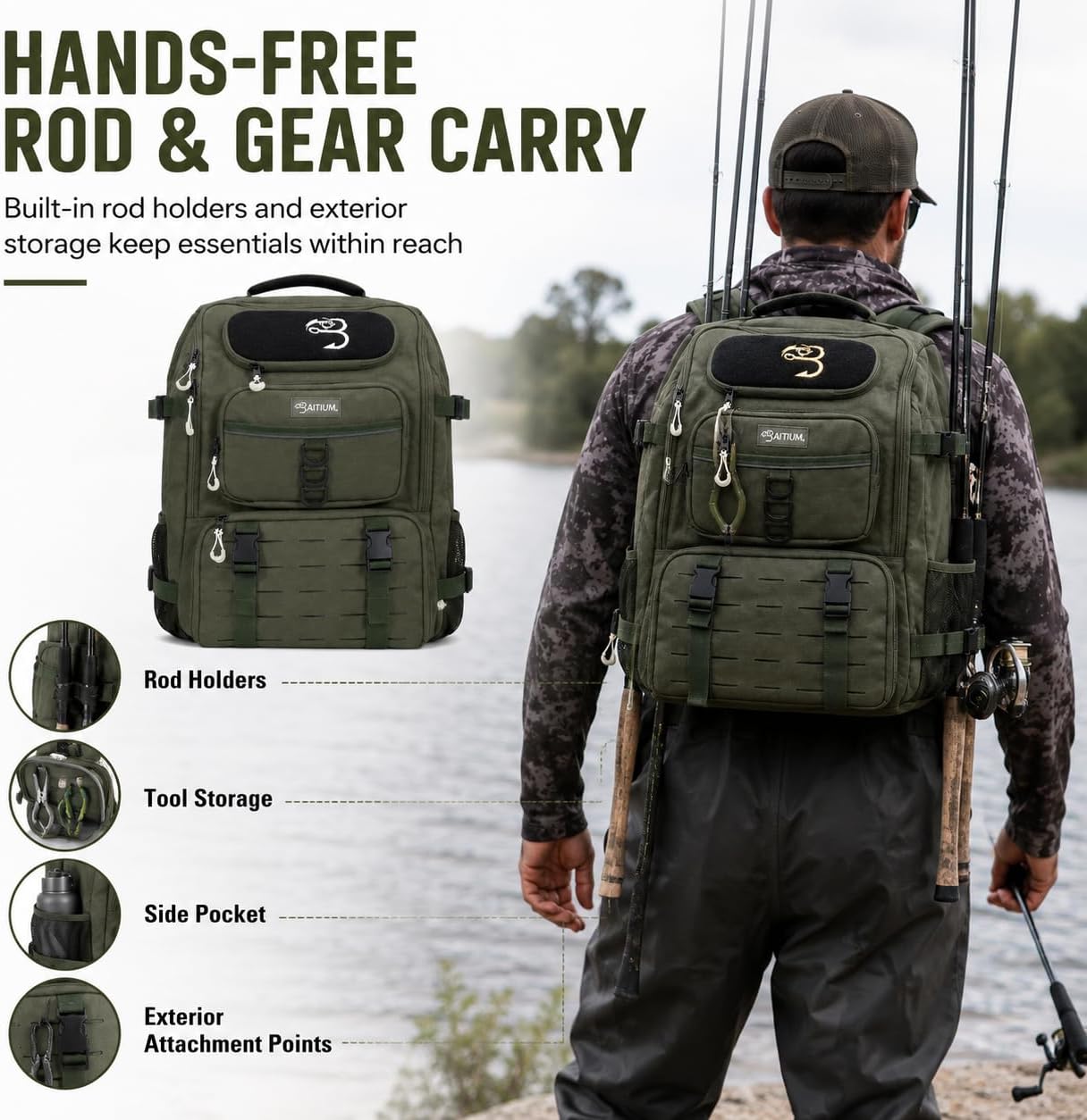 Fishing Backpack, Tackle Bag With Rod Holders, 40L Capacity With Cooler, Rain Cover, Insulated Pocket, 4 Tackle Trays
