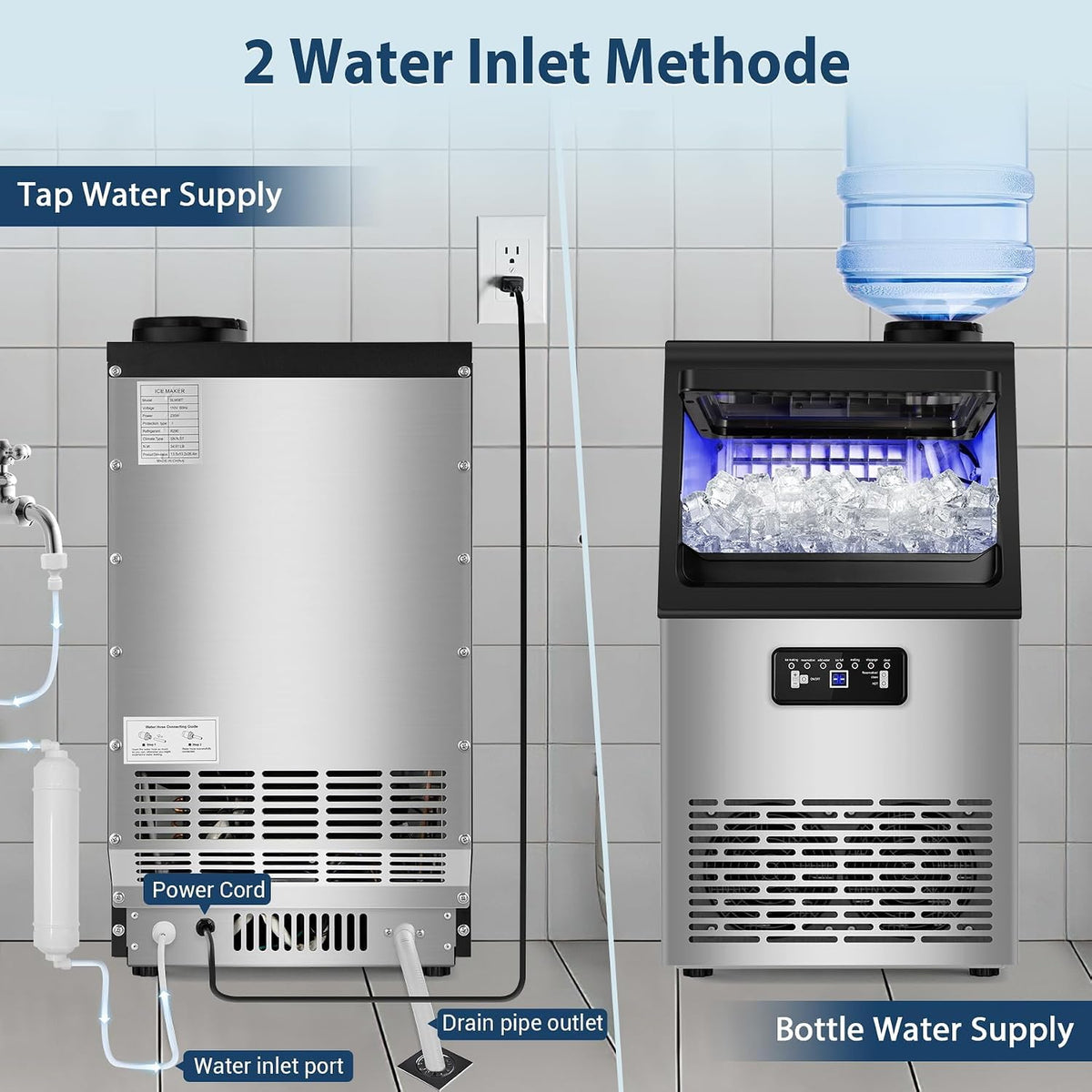 Commercial Ice Maker Machine with 20 Storage Bin, 100Lbs/24H, 36Pcs Ice Cubes 9-15Mins, Dual Water Inlet Options