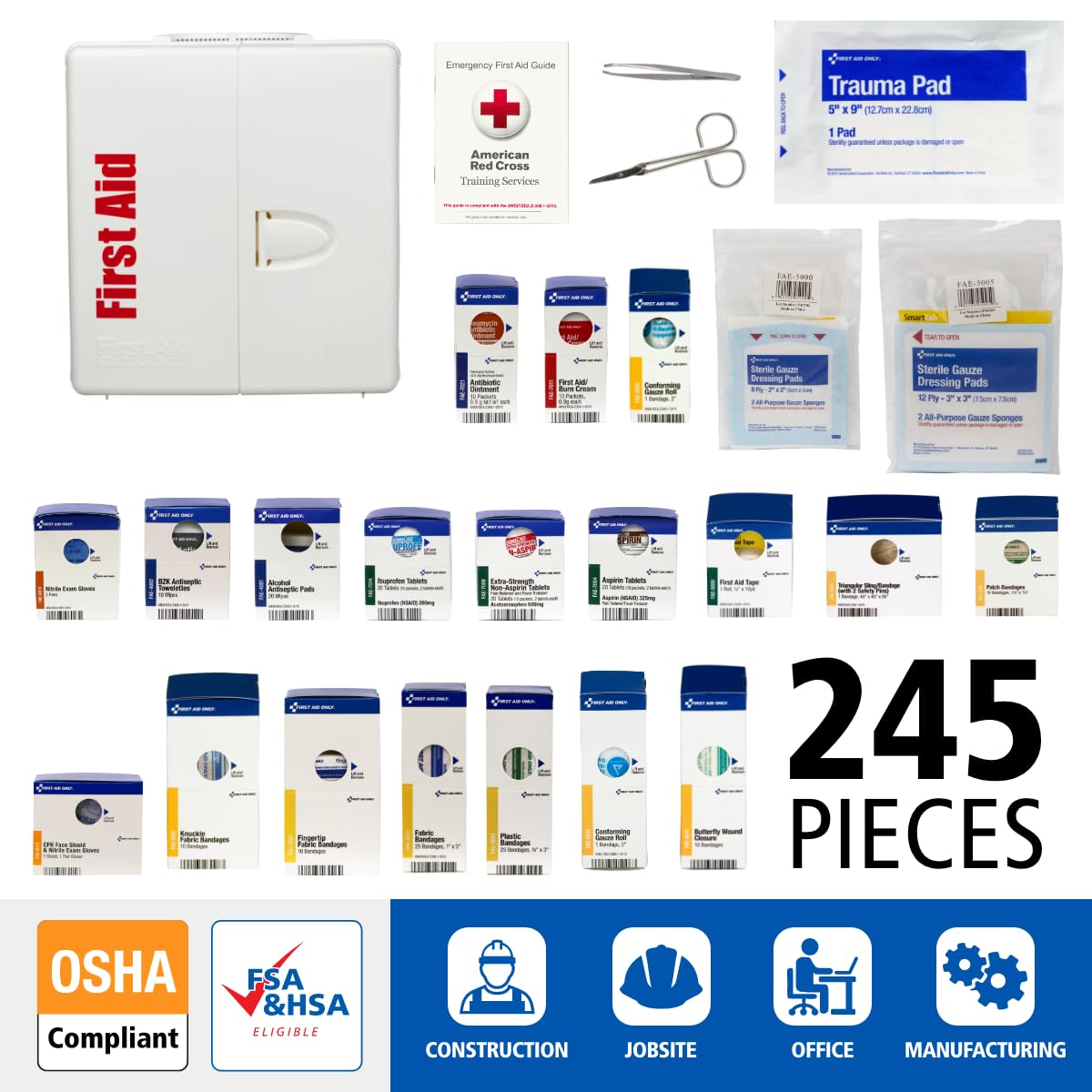 SmartCompliance 50-Person OSHA Compliant First Aid Kit for Business and Office Spaces - Large Plastic Cabinet
