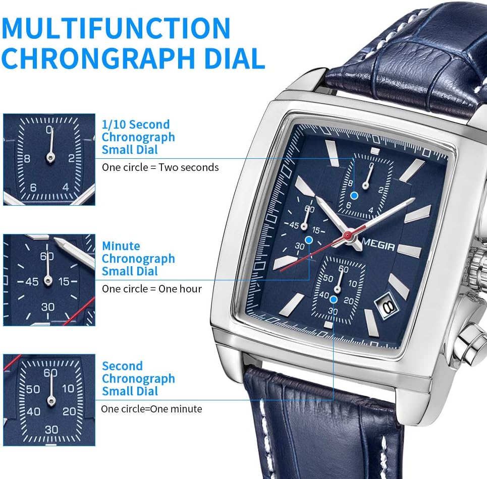 Men's Business Analog Chronograph Luminous Rectangle Quartz Watch with Stylish Leather Strap for Sport & Work