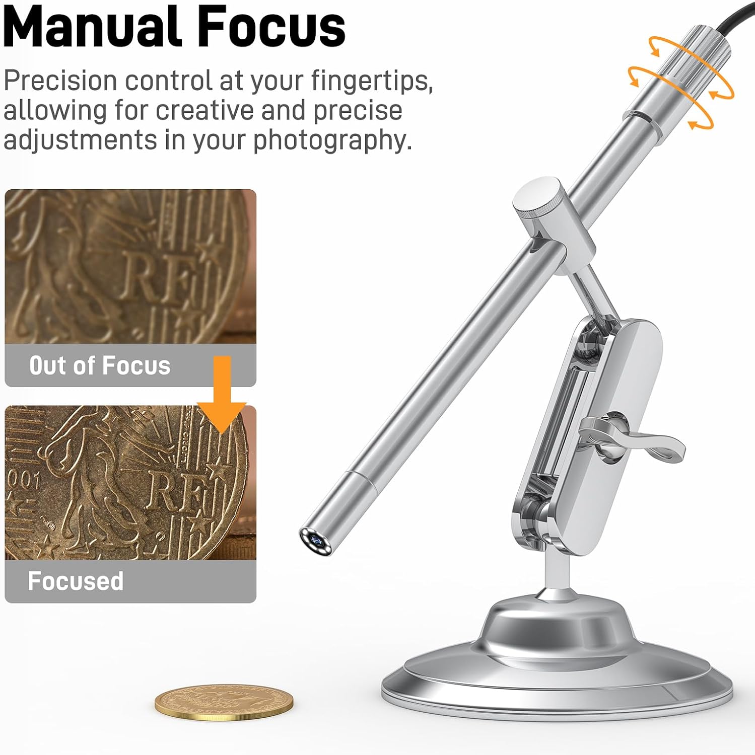 USB-C Digital Microscope 10X-200X for Coin & Electronics Inspection | Handheld Camera with 8 LEDs & Rotating Metal