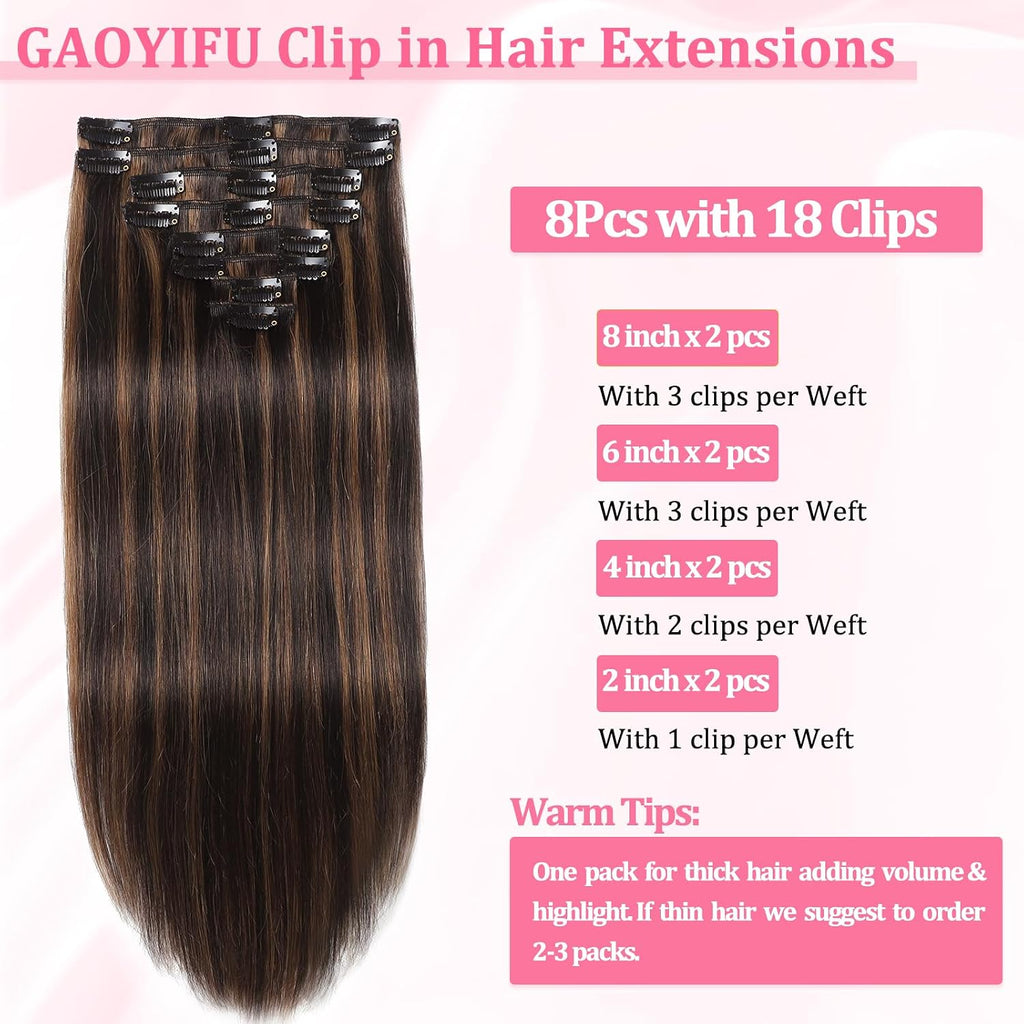 Clip in Hair Extensions Real Human Hair Dark Brown Highlights for Women | Seamless, Balayage, 100% Human Hair