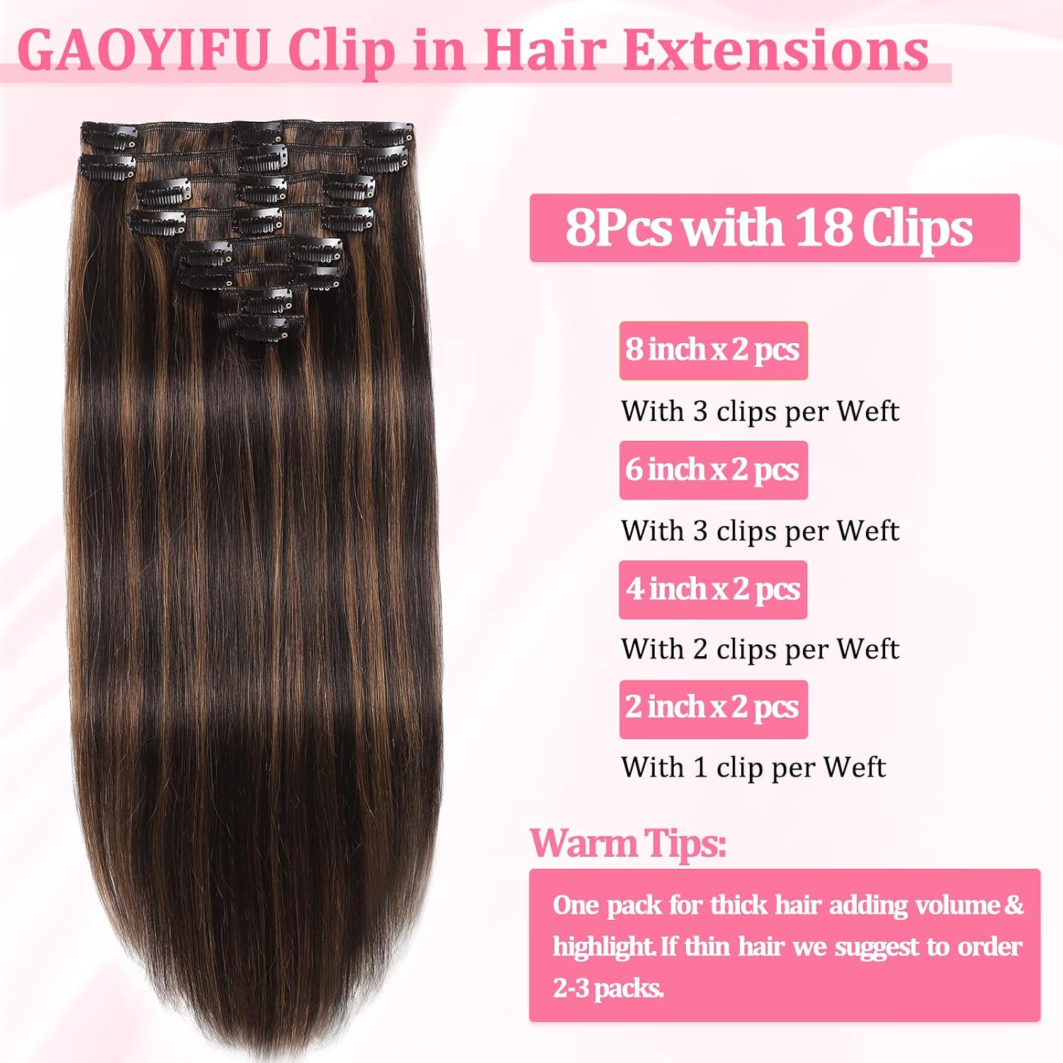 Clip in Hair Extensions Real Human Hair Dark Brown Highlights for Women | Seamless, Balayage, 100% Human Hair