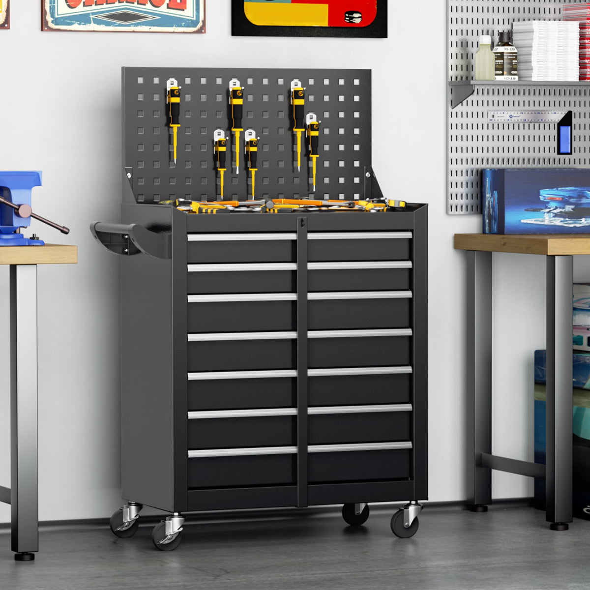 7 Drawers Rolling Tool Chest with Pegboard, Metal Tool Chest with Drawers, Tool Storage Cabinet with Wheels for