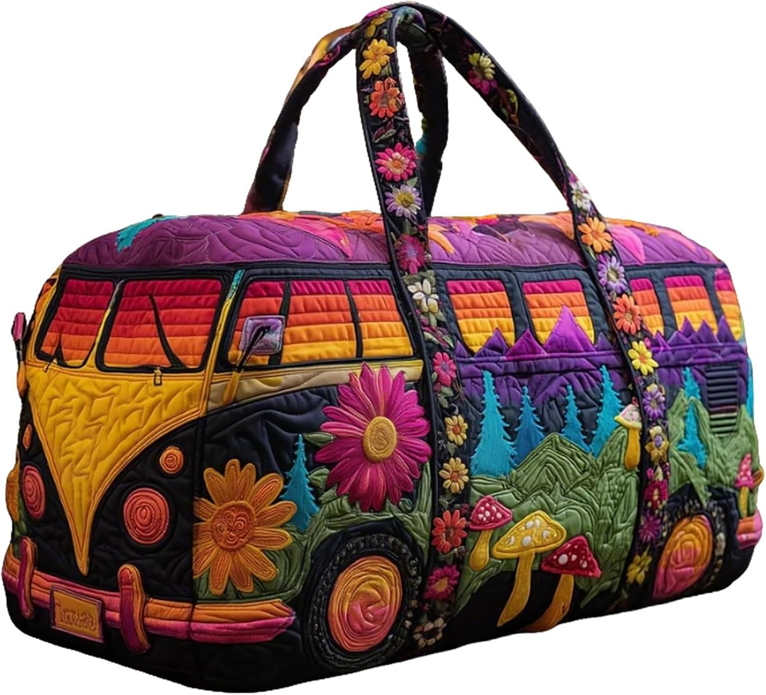 Hippie Journey Quilted Duffel Bag Vintage Floral Hippie Van Travel Duffle Bag Boho Travel Weekender Bags Overnight