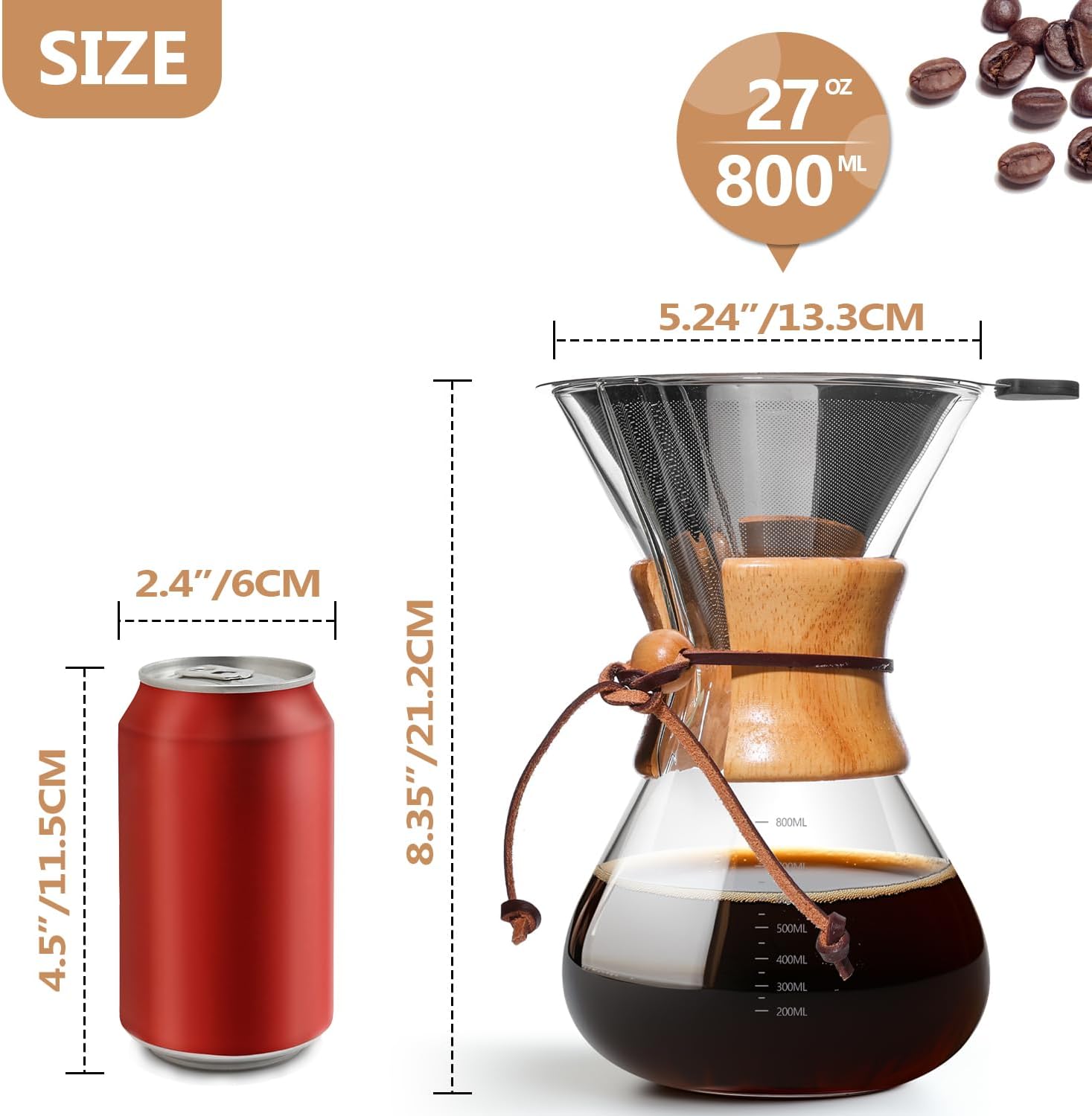 Pour Over Coffee Maker 27 OZ, 8 Cup Borosilicate Glass Drip Coffee Maker with Reusable Stainless Steel Filter and