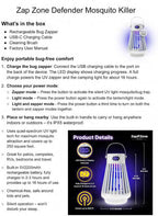 Zap Zone Defender Bug Zapper Outdoor Indoor Rechargeable Mosquito Zapper | UV Light USB-C Electric Insect Trap