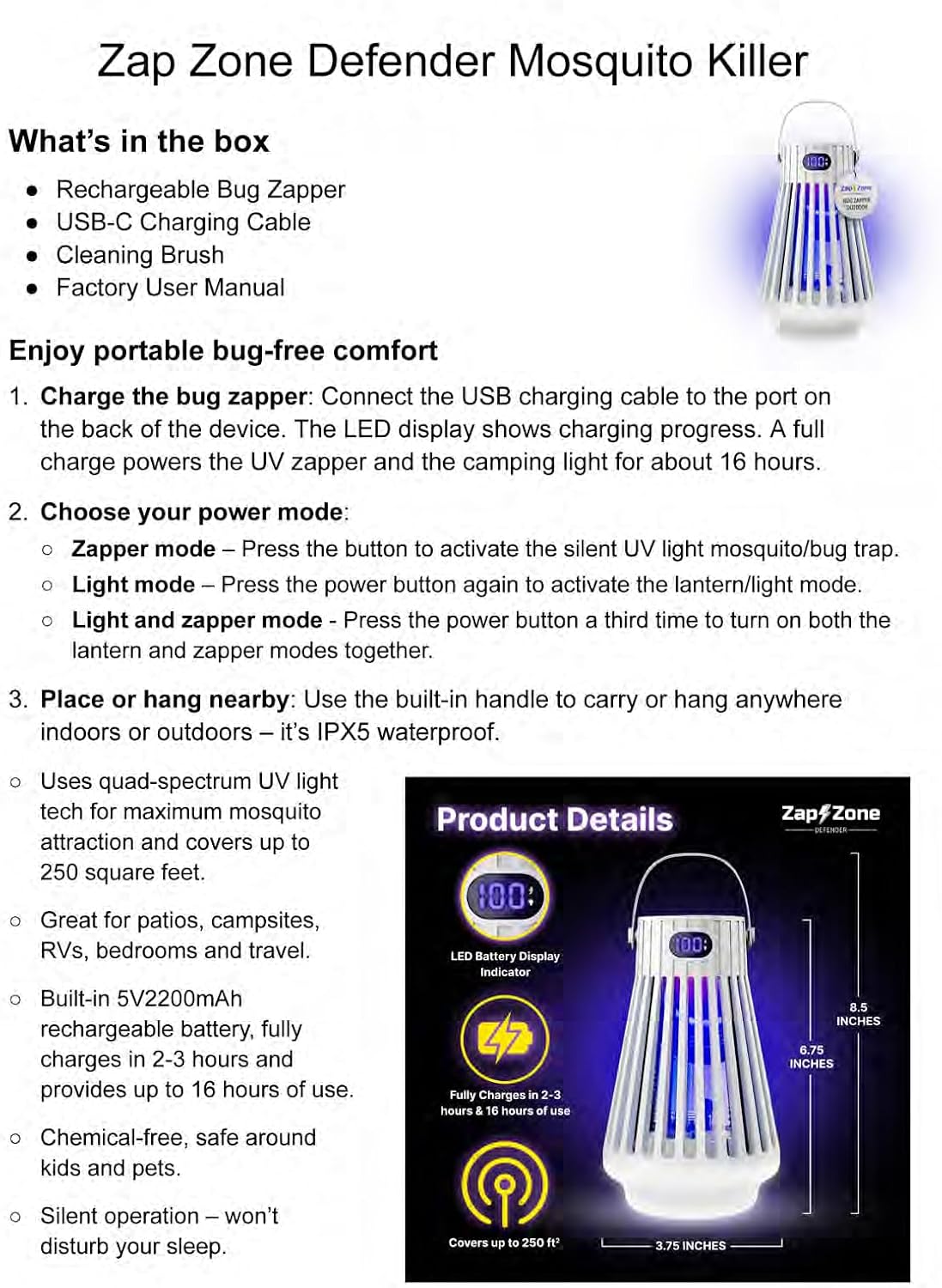 Zap Zone Defender Bug Zapper Outdoor Indoor Rechargeable Mosquito Zapper | UV Light USB-C Electric Insect Trap