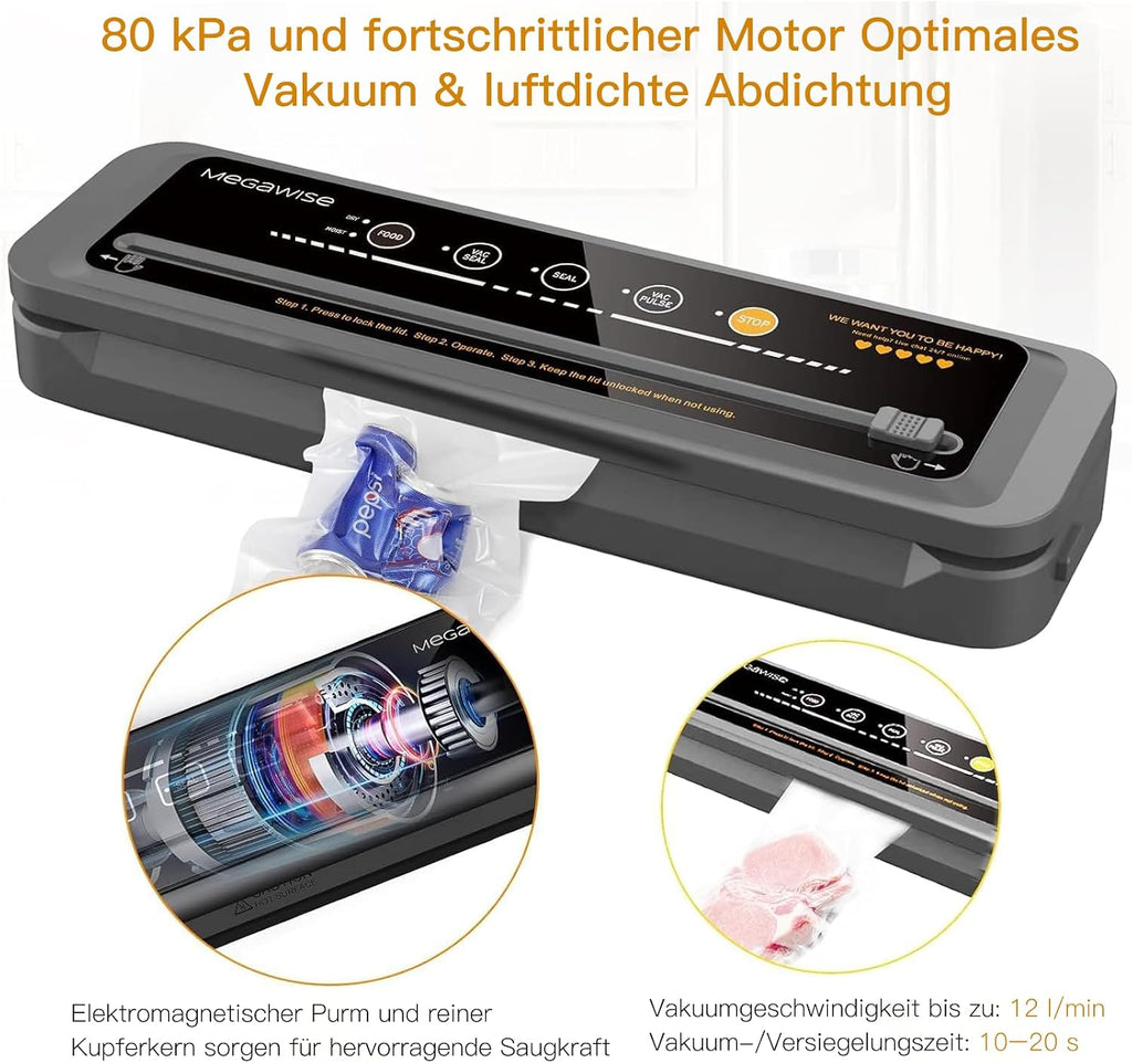 Food Vacuum Sealer Machine – High-Power 80kPa Suction, One-Touch Operation, Built-in Cutter – Works with All Food