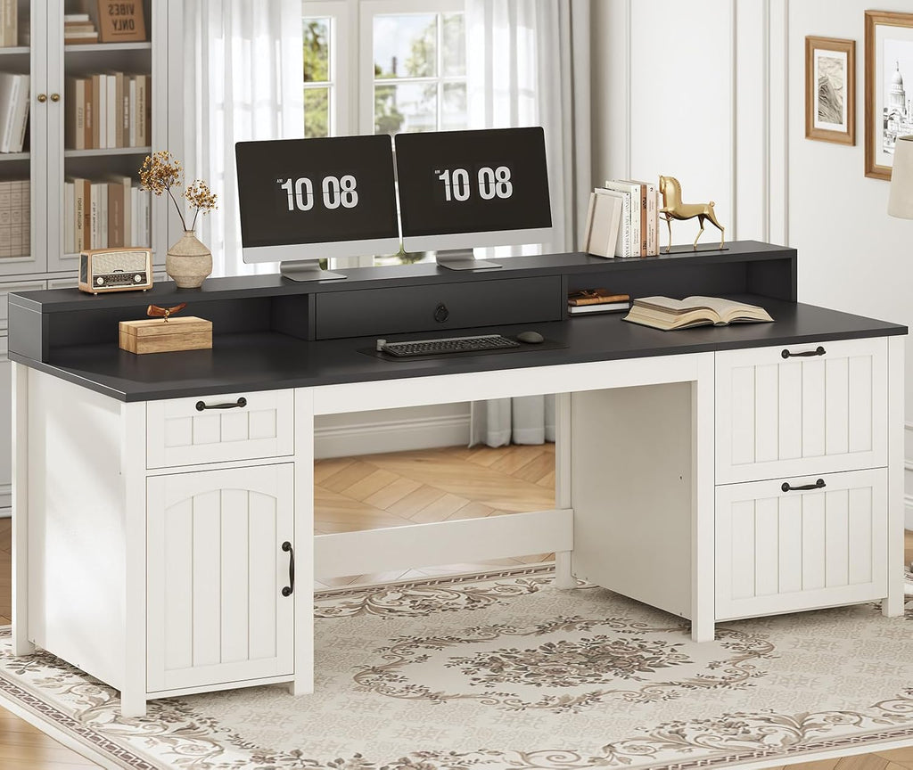 Farmhouse 63" Executive Desk, Home Office Desk with File Drawer and Monitor Stand, Computer Desk with Drawers and