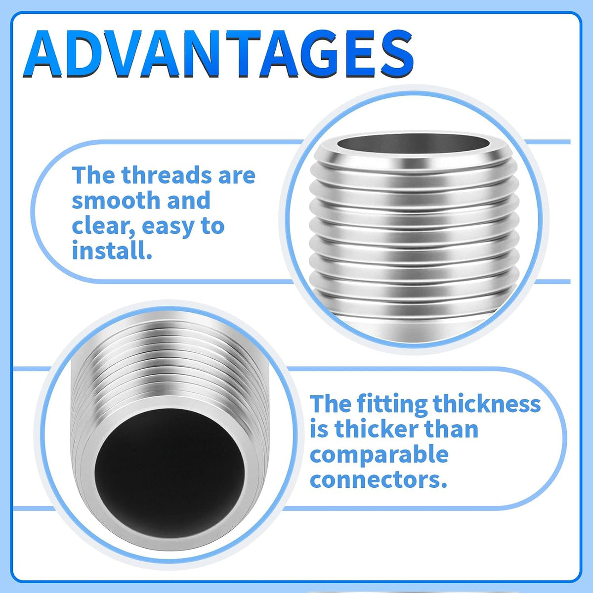 ChillWaves 304 Stainless Steel Pipe Fitting, Nipple Cast Pipe 1/2" NPT Male x 1/2" NPT Male Thread 10" Length(250MM)(2-PACK)