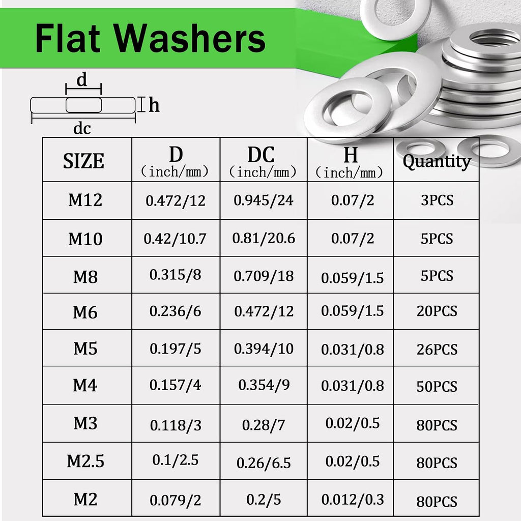 1000Pcs Flat Washer and Spring Lock Washers Assortment Kit,9 Metric Sizes