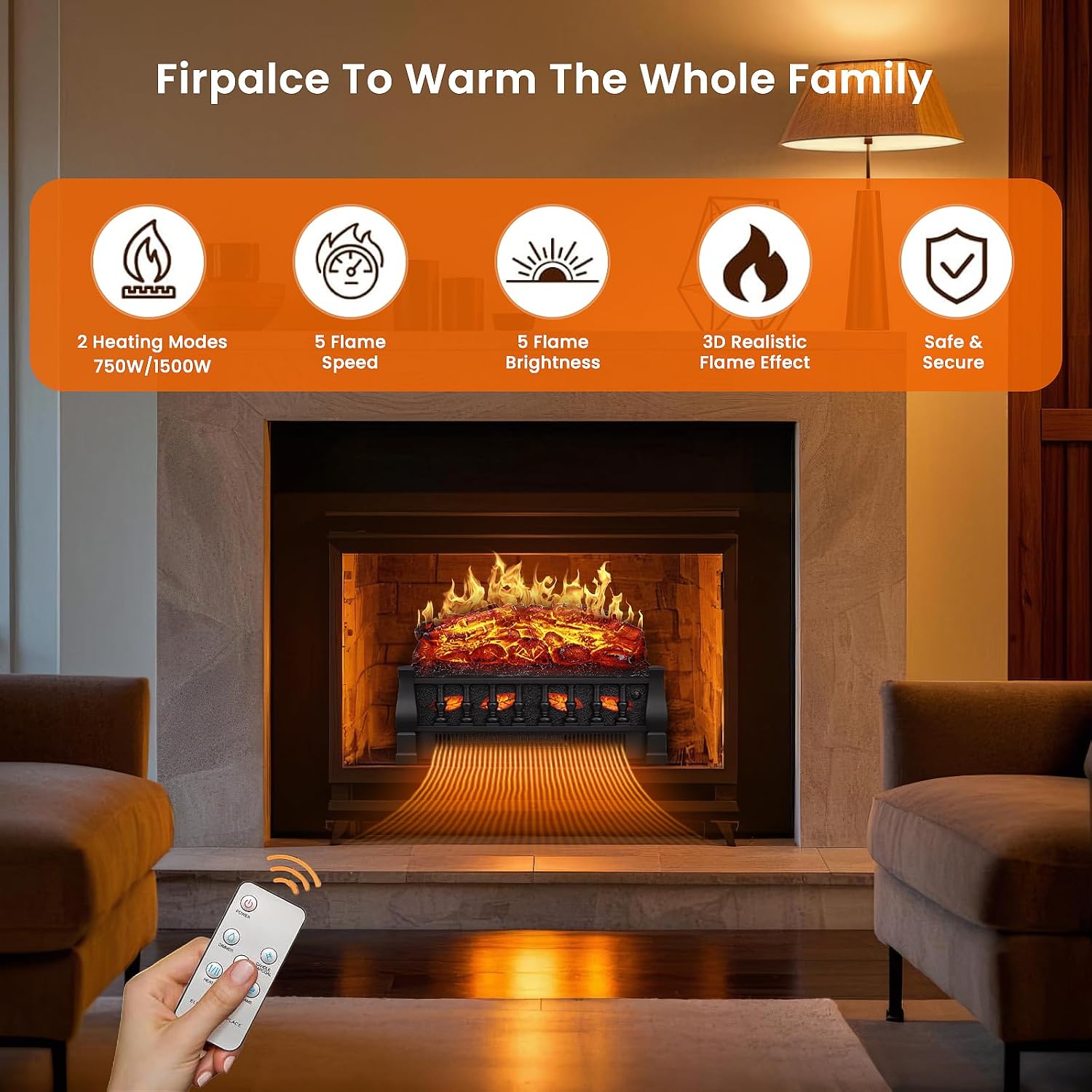 21" Electric Fireplace Insert — Realistic 3D Flame, 750W/1500W Heat, Remote Control, Timer & Safe Overheat Protection