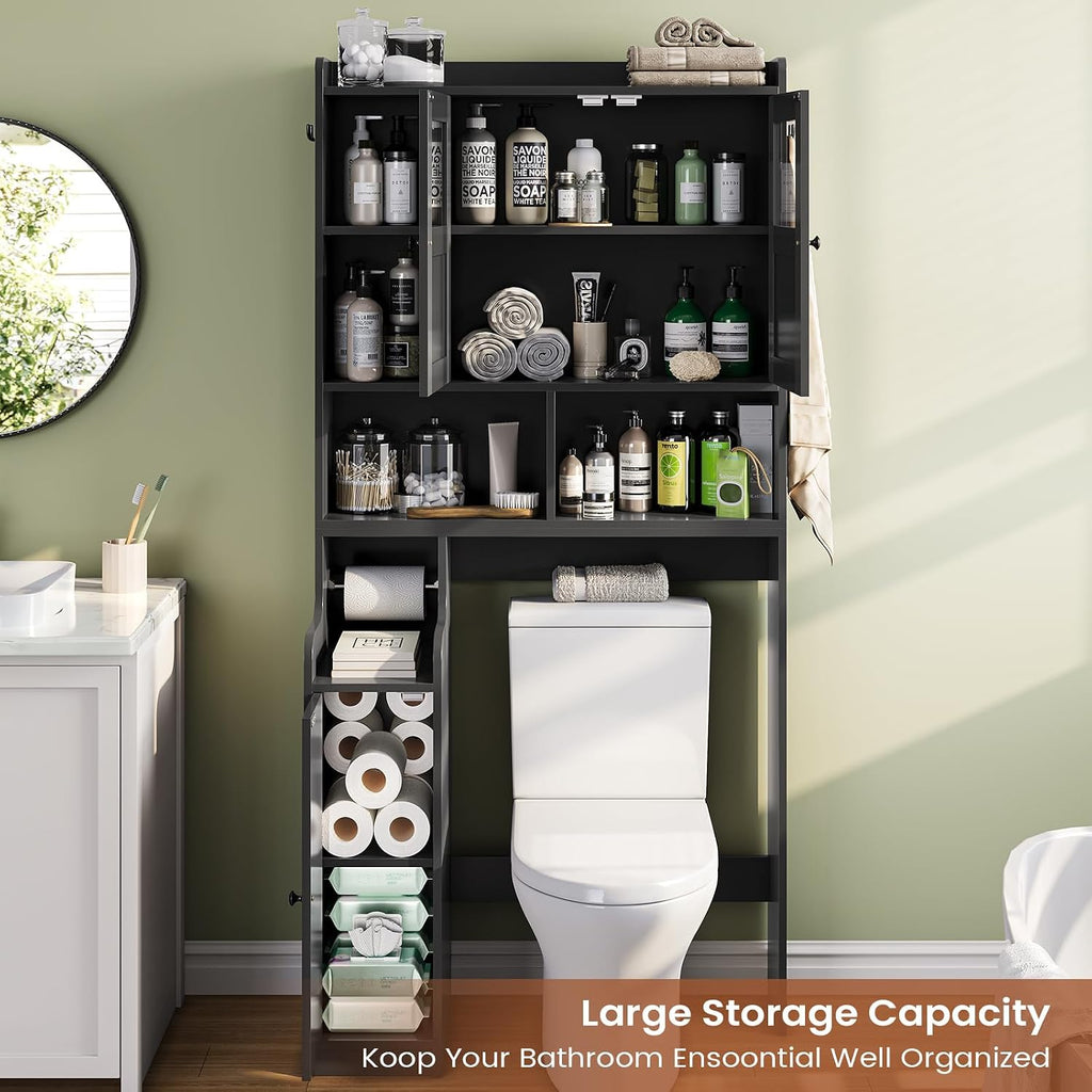 Over The Toilet Storage Cabinet, Over Toilet Bathroom Organizer with Glass Doors & Toilet Paper Holder Stand, Home