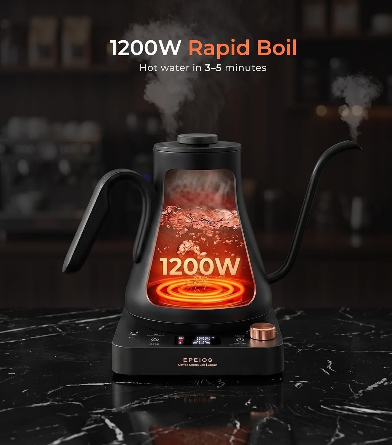 Electric Kettle, Gooseneck Electric Kettle with ±1°F Temperature Control, 1200W Rapid Heating for Pour Over Coffee &
