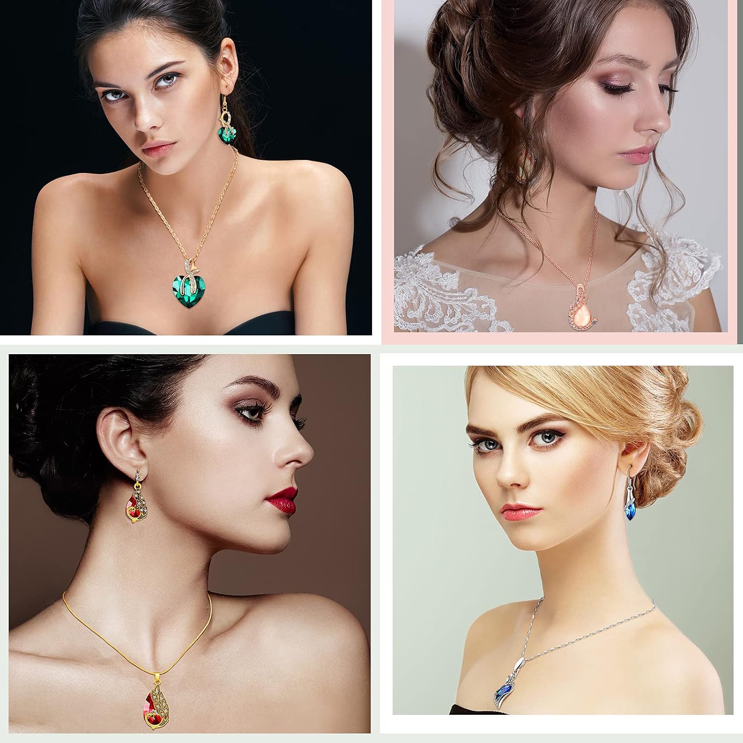 4 Set Peacock Jewelry Sets for Women Crystal Necklace Earrings Rhinestone Waterdrop Pendant Heart Charm Hook Earrings