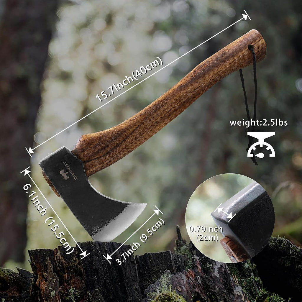 15.7" Hatchet, Camping Hatchet, Hand-Forged Axe with Sheath for Wood Chopping, Splitting, and Carving, Bushcraft Axe