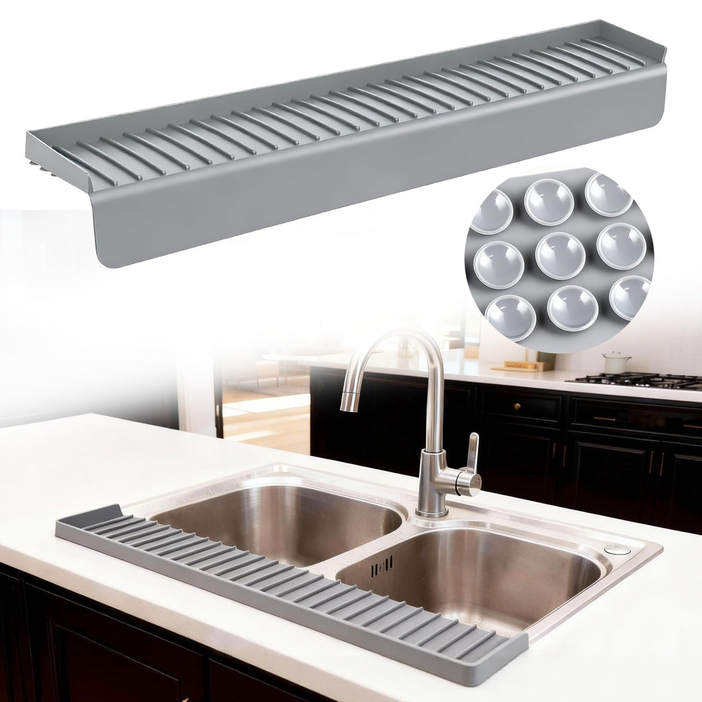 Silicone Sink Edge Protector Splash Guard, 30x4 Inch with Suction Cups & 5°Tilt, Cuttable for Kitchen Bathroom