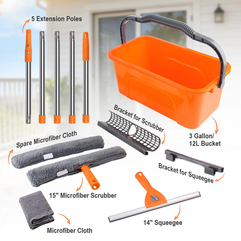 Window Cleaning Kit with 3 Gallon Bucket, 76" Long Squeegee