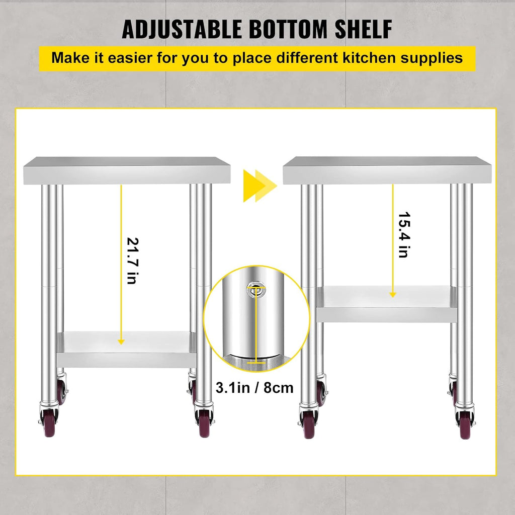Mophorn 24x18x34 Inch Stainless Steel Work Table 3-Stage Adjustable Shelf with 4 Wheels Heavy Duty Commercial Food