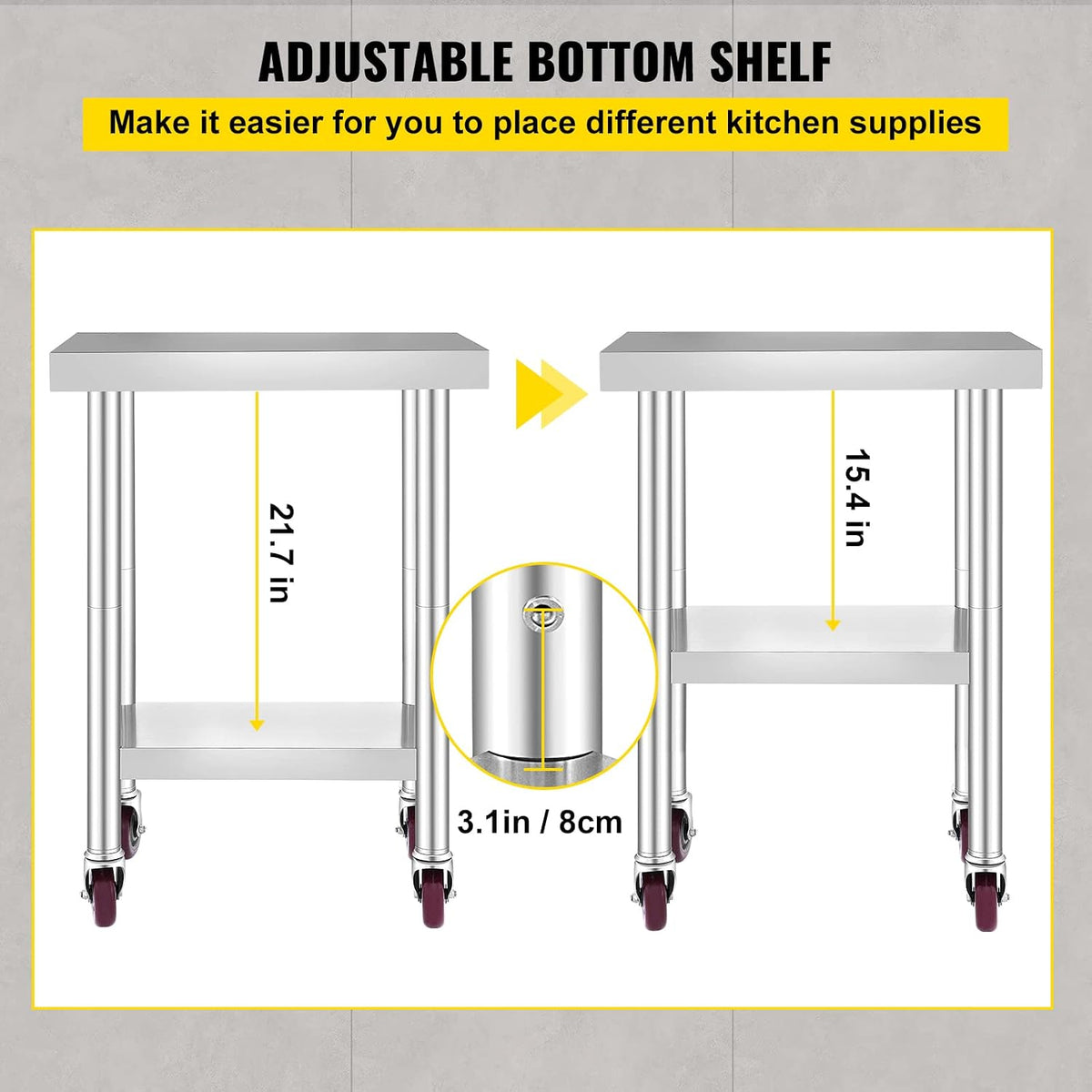 Mophorn 24x18x34 Inch Stainless Steel Work Table 3-Stage Adjustable Shelf with 4 Wheels Heavy Duty Commercial Food