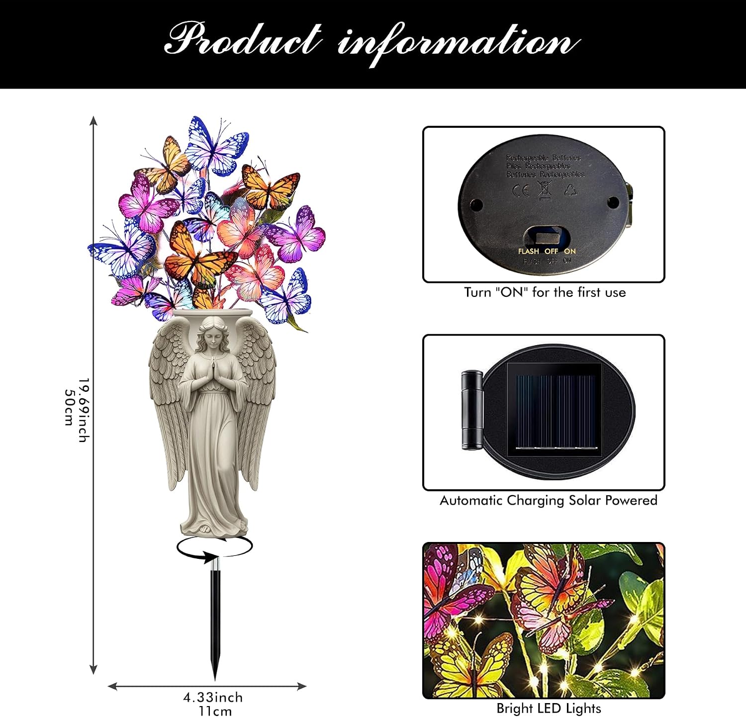Solar Angel Grave Decorations - Metal Silhouette Memorial Stake with Butterfly Lights, Flat Garden Decor for
