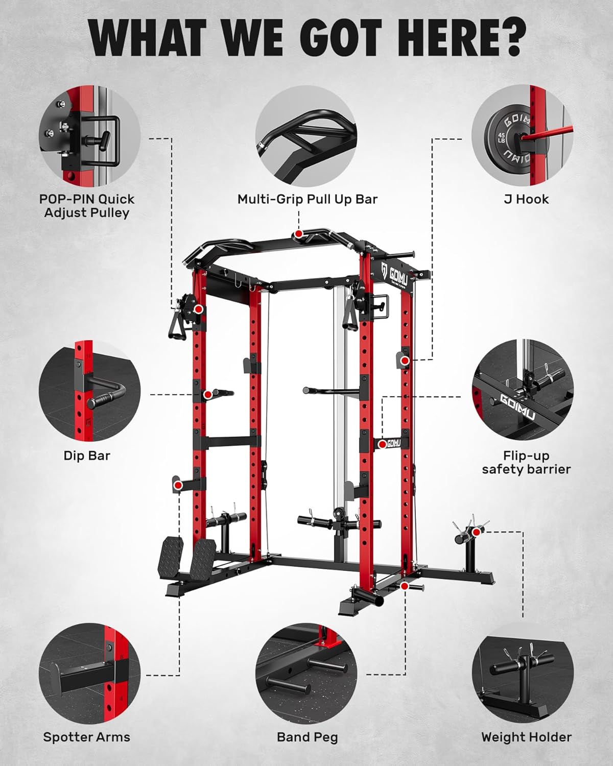 RH01 Power Cage Rack, 2000LBS Squat Rack with with Cable Crossover System&LAT Pull Down System, Multi-Function