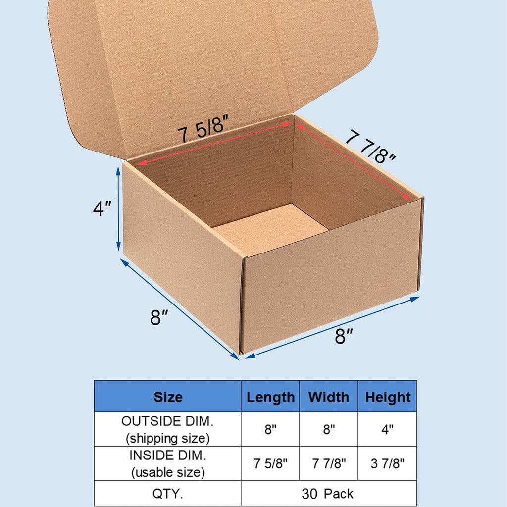 8x8x4" Shipping Boxes 30 Pack Brown Corrugated Cardboard Mailer Box