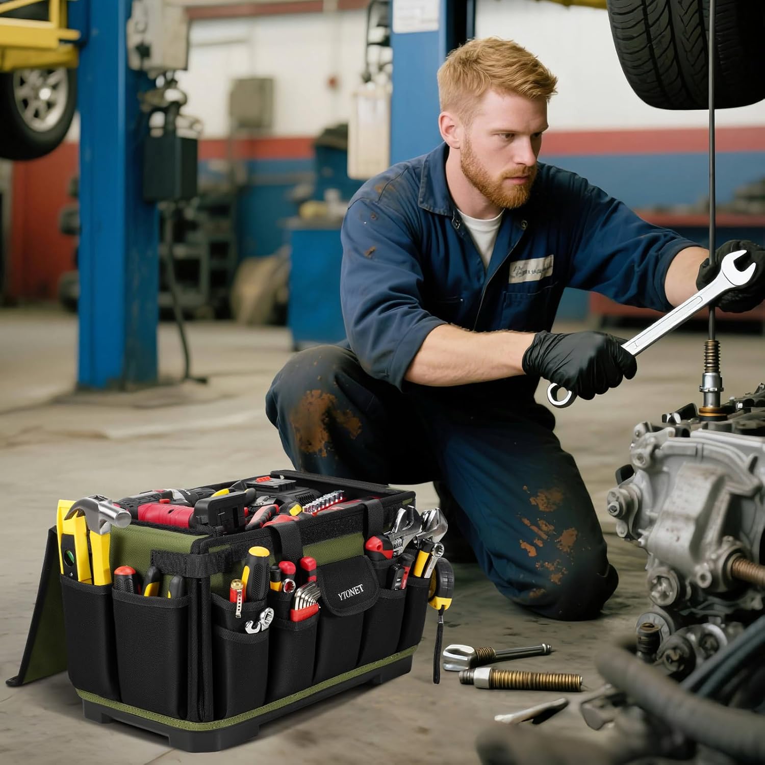 Heavy Duty Tool Bag 16-Inch, 46 Pockets Electrician Tool Bag for men with Hard Bottom & Waterproof Pocket, 1680D