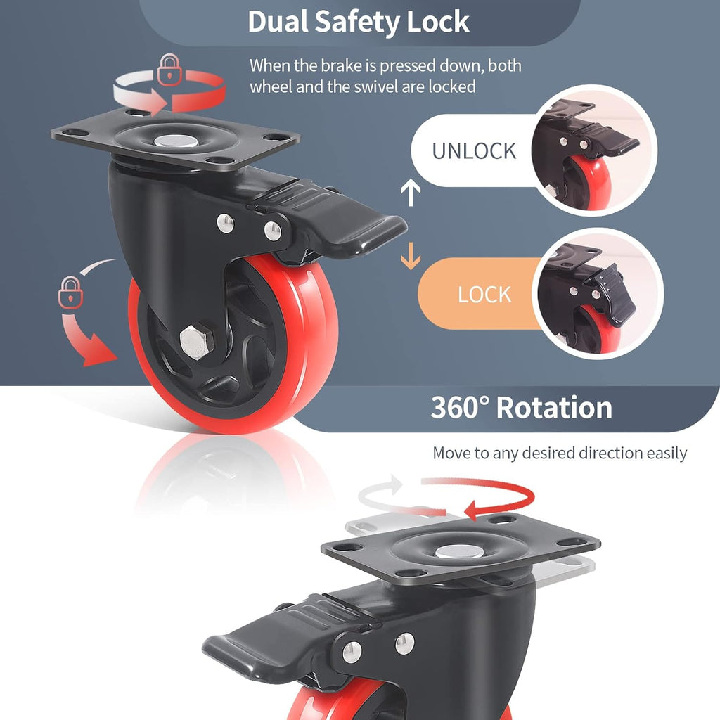 4" Swivel Caster with Brake, 4-Pack Heavy Duty Easily Handles 2000LBS, Safety Dual Locking Industrial Casters