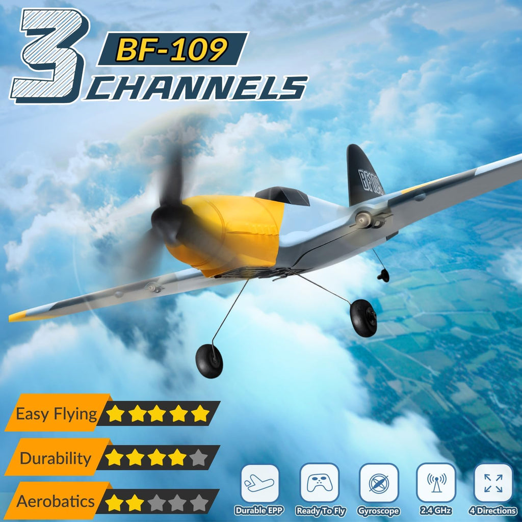 3 Channel RC Plane BF-109, Remote Control Airplane Ready to Fly, 2.4GHz 6-axis Gyro Stabilizer, Easy to Fly for Kids