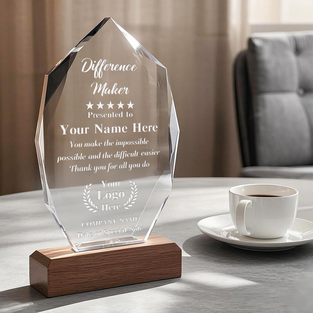 Custom Crystal Trophy Award with Wood Base, Personalized Engraved Text and Logo on Glass Plaque, Appreciation Gift