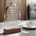 Custom Crystal Trophy Award with Wood Base, Personalized Engraved Text and Logo on Glass Plaque, Appreciation Gift
