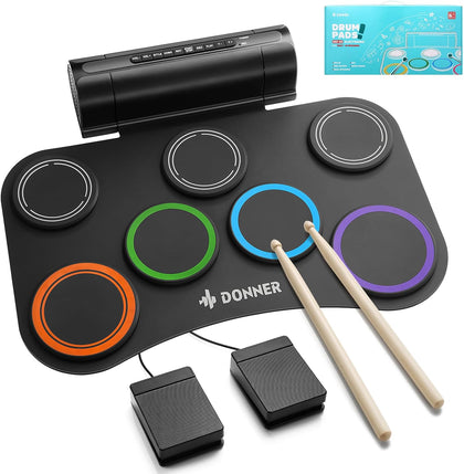 Electric Drum Set Upgrated, 7 Pads Electronic Drum Pad Roll Up Quiet Drum Pad Built-in Speaker, 40 Lessons Included